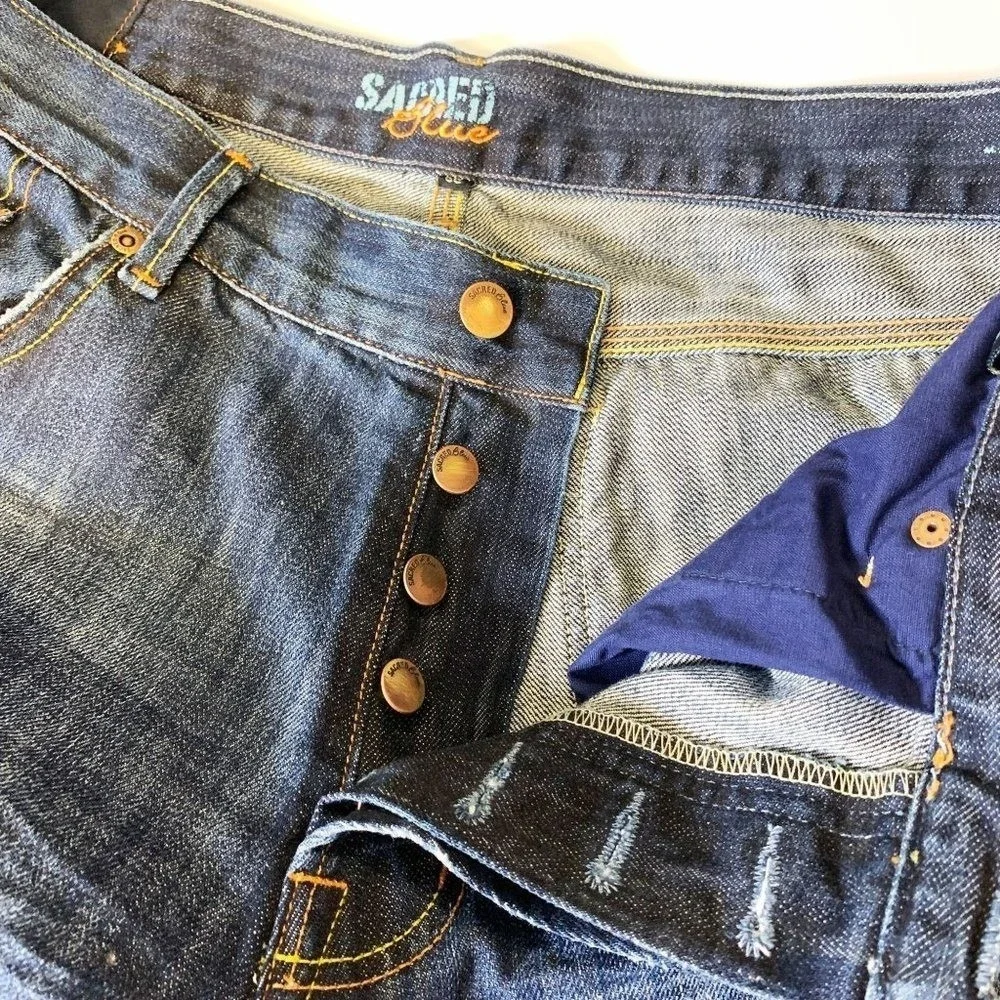 Sacred Blue Men's‎ Button Fly Distressed Straight Leg Denim Jeans Sz 36 Grunge